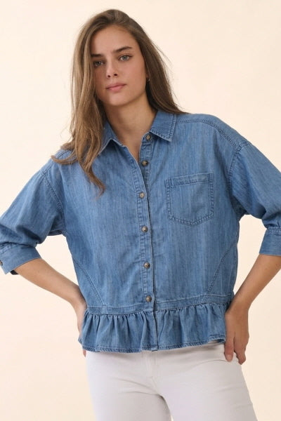 Chambray ruffled button down