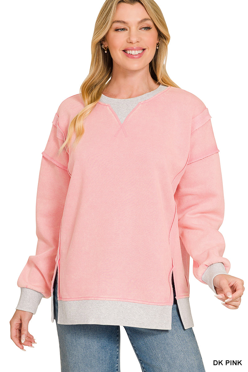 Fleece acid washed pullover Dk pink