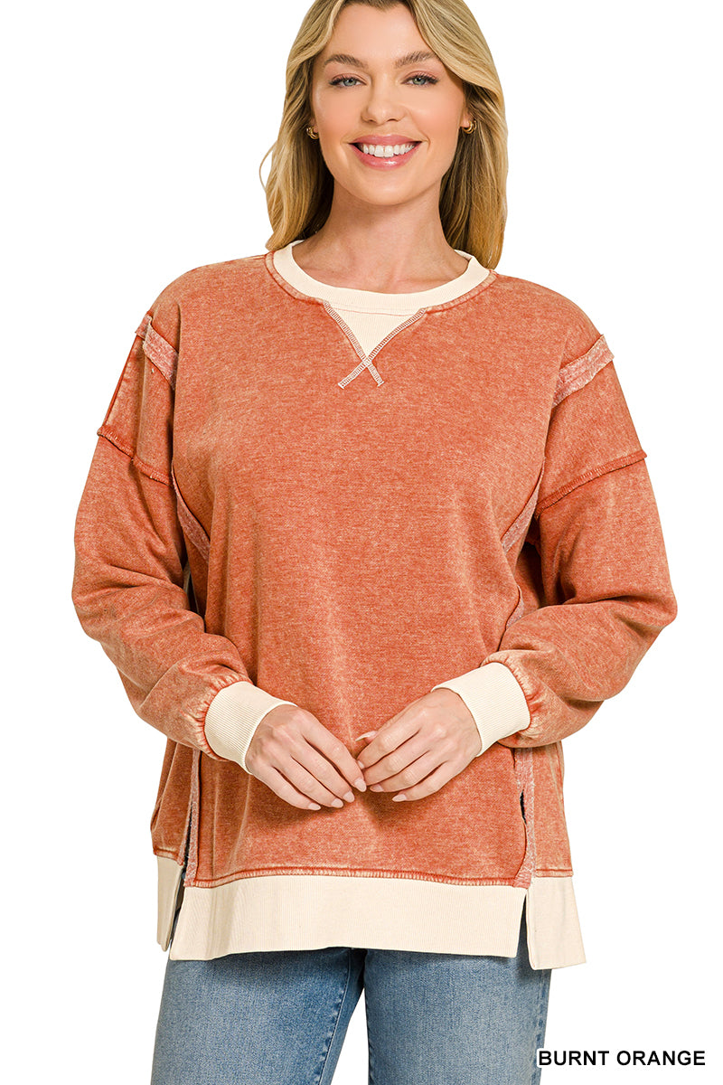 Fleece Acid Washed Contrast Trim Pullover