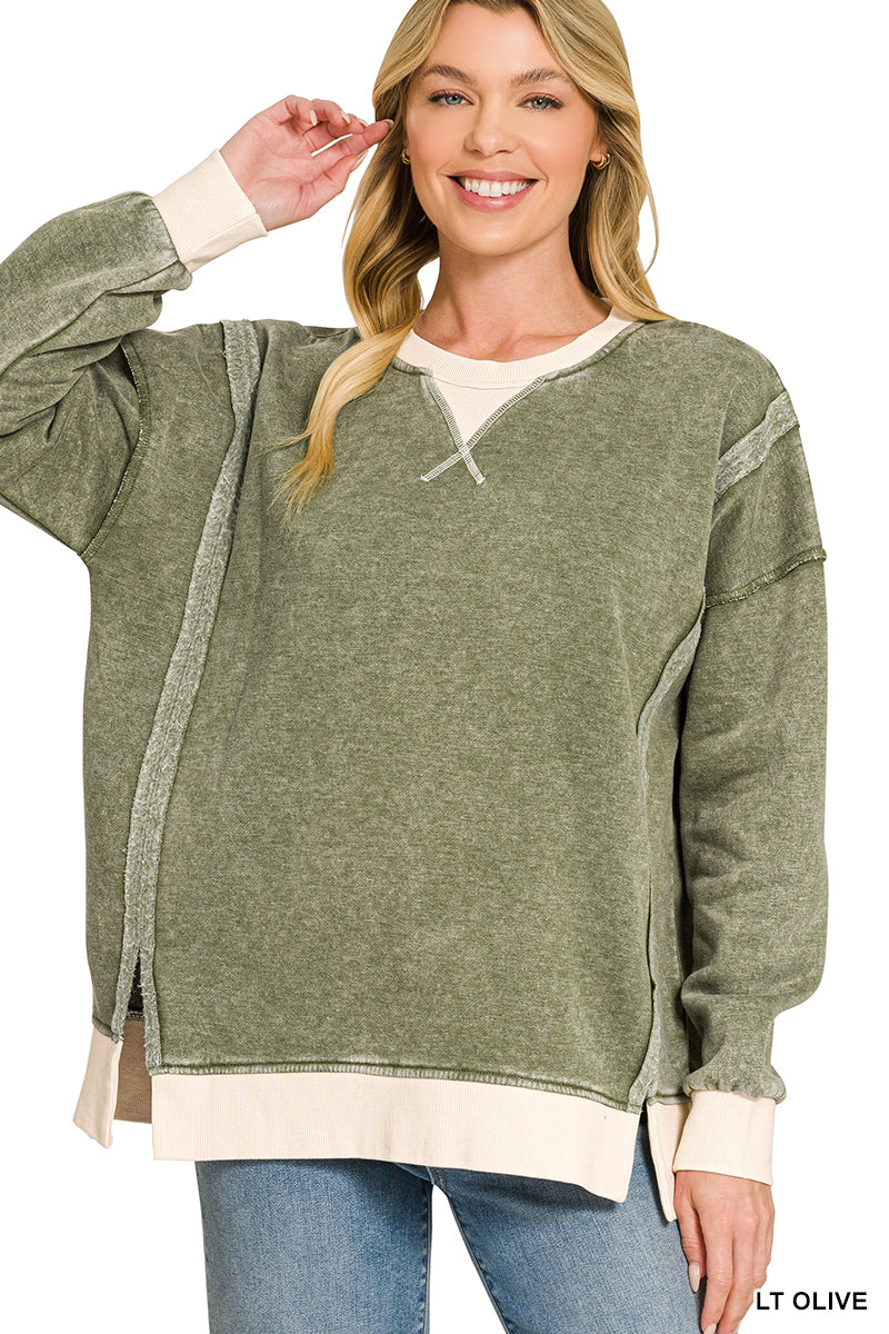 Fleece Acid Washed Contrast Trim Pullover