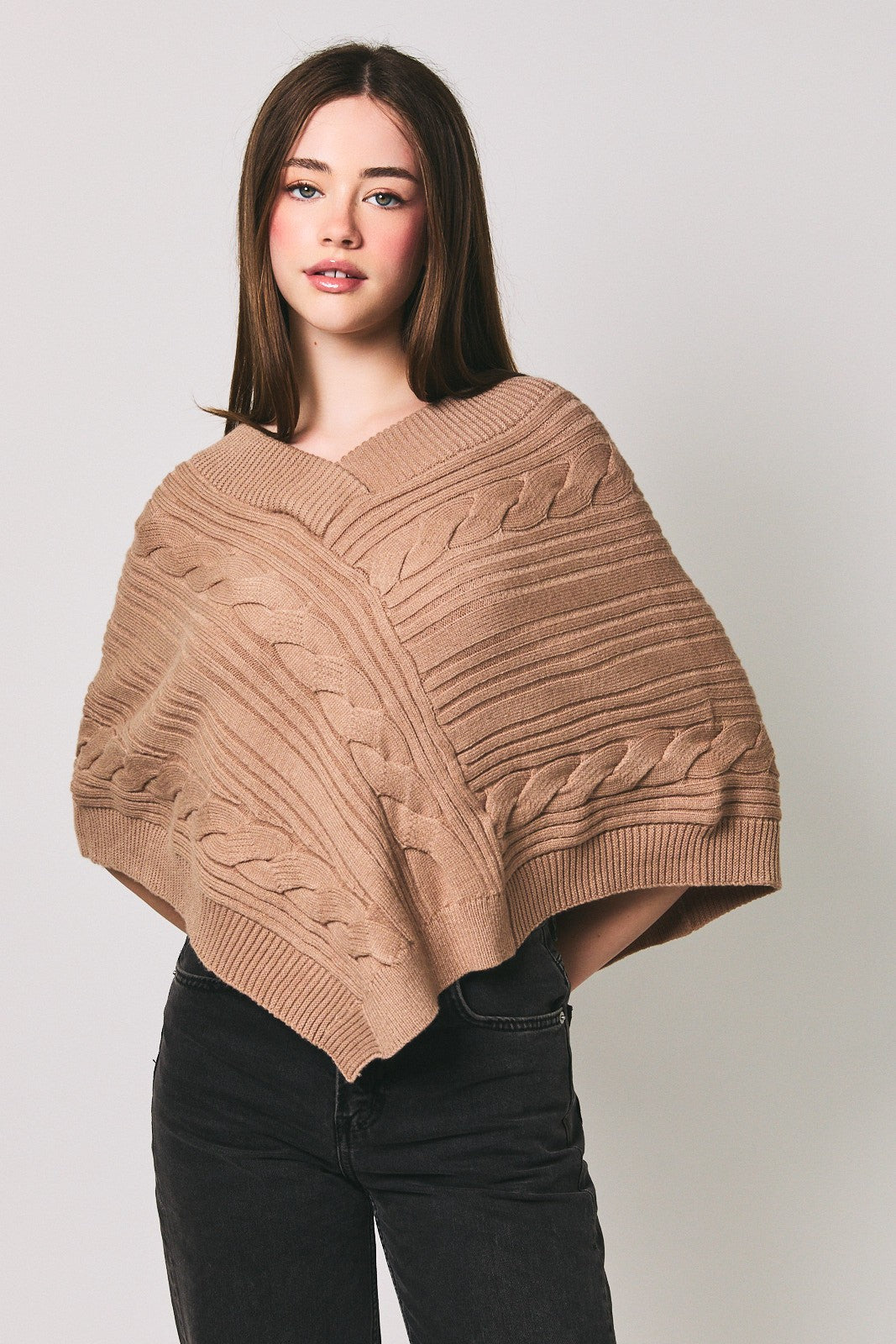 Taupe Cable Knit Poncho Sweater