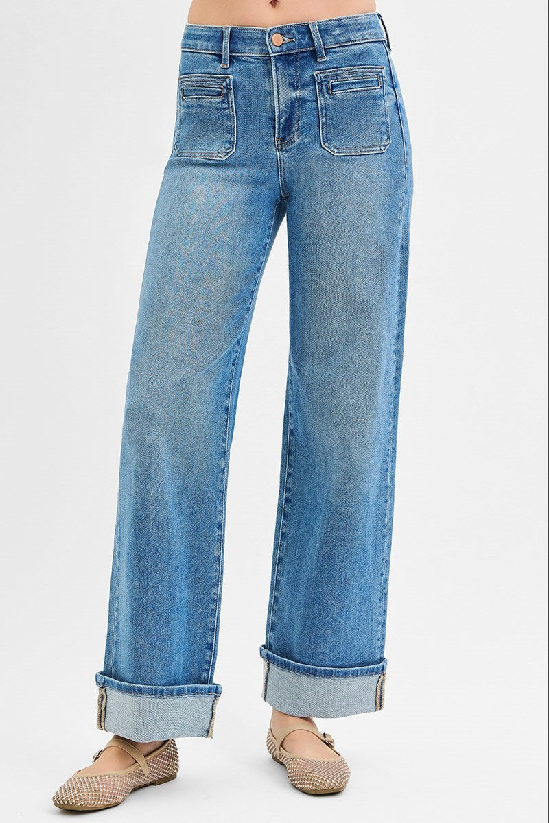 Mid Rise Wide Leg front patch pockets & cuffed