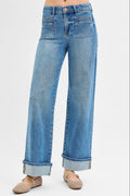 Mid Rise Wide Leg front patch pockets & cuffed