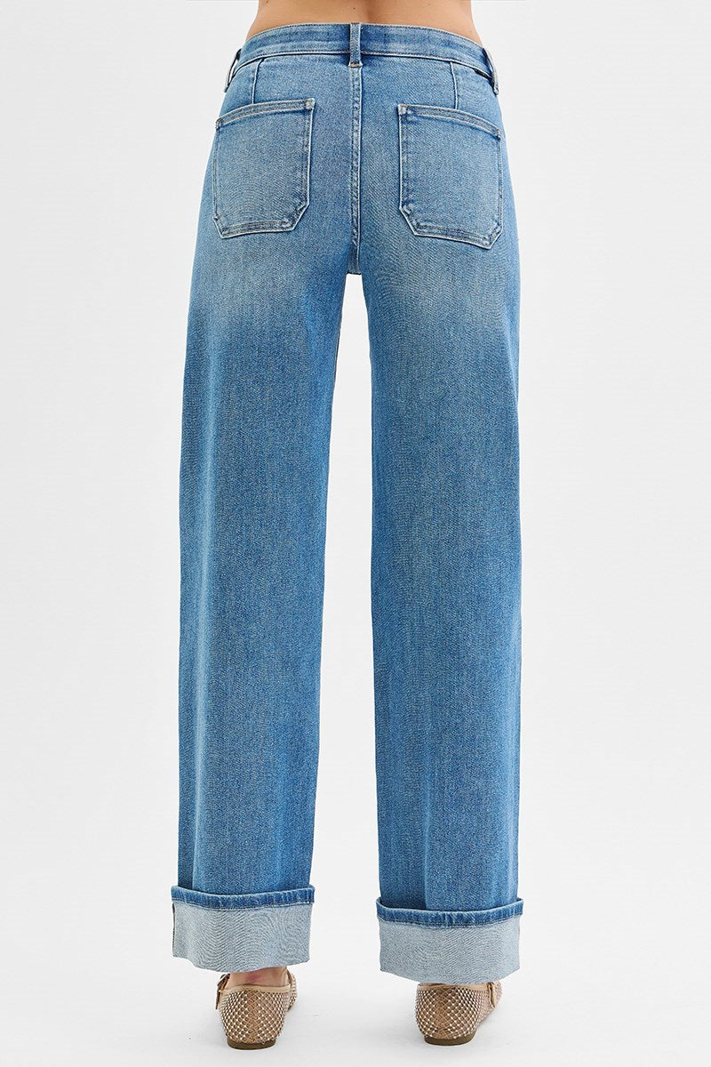 Mid Rise Wide Leg front patch pockets & cuffed