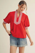 Red Short puff sleeves high neck solid top with stripe
