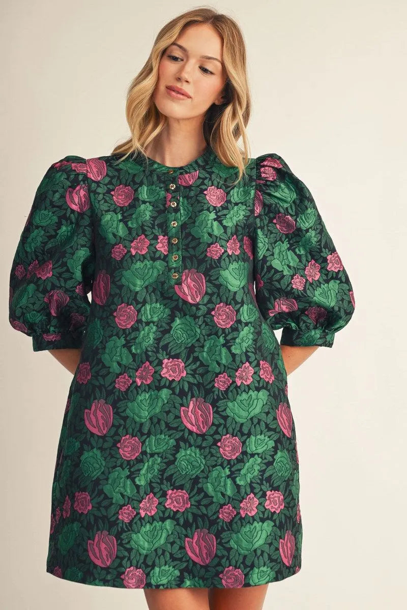 Jacquard Floral puff sleeve dress