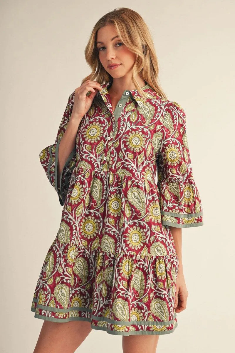 3/4 bell sleeve paisley dress