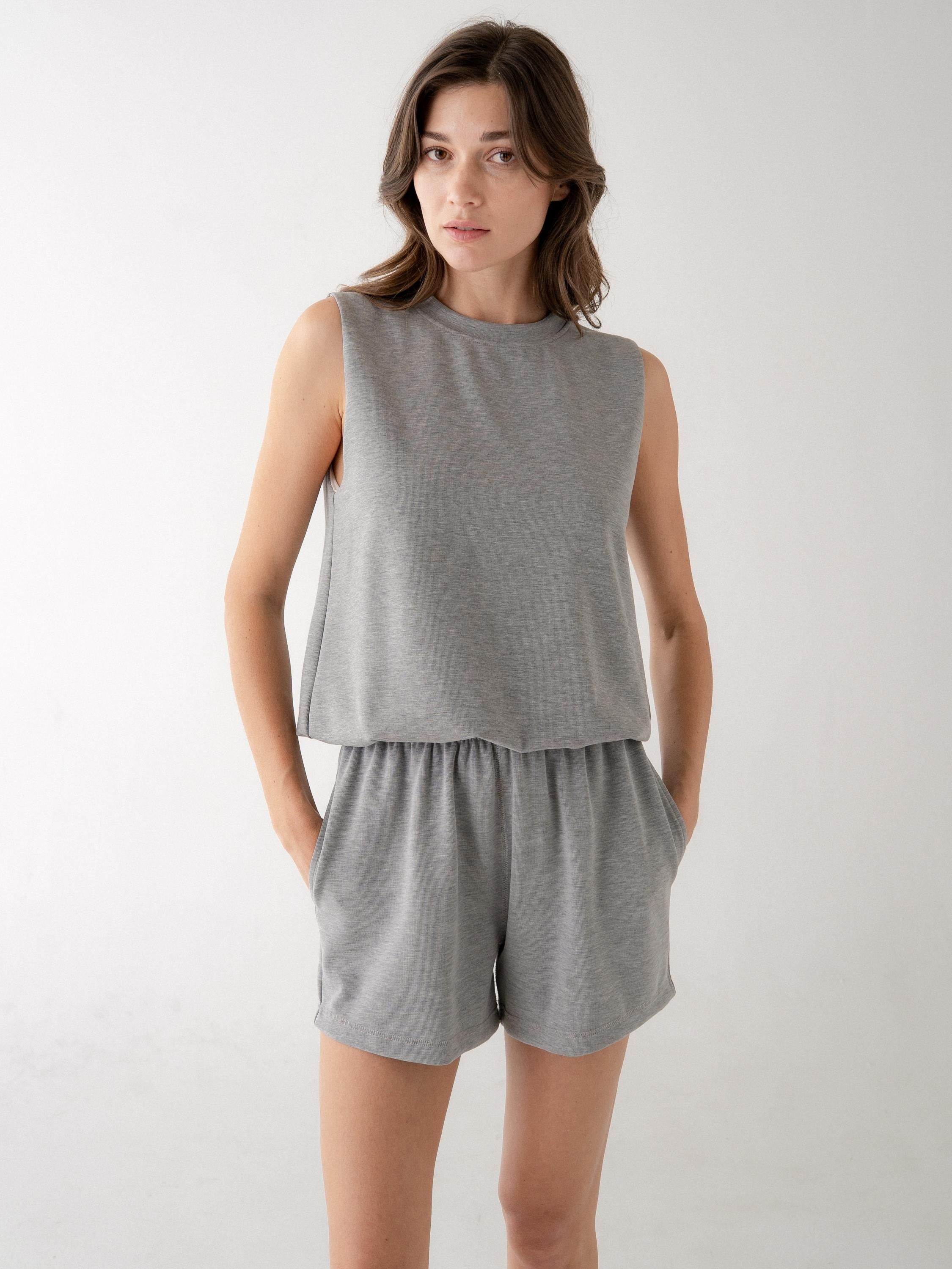 Bubble Hem Sleeveless Top- Heather Grey
