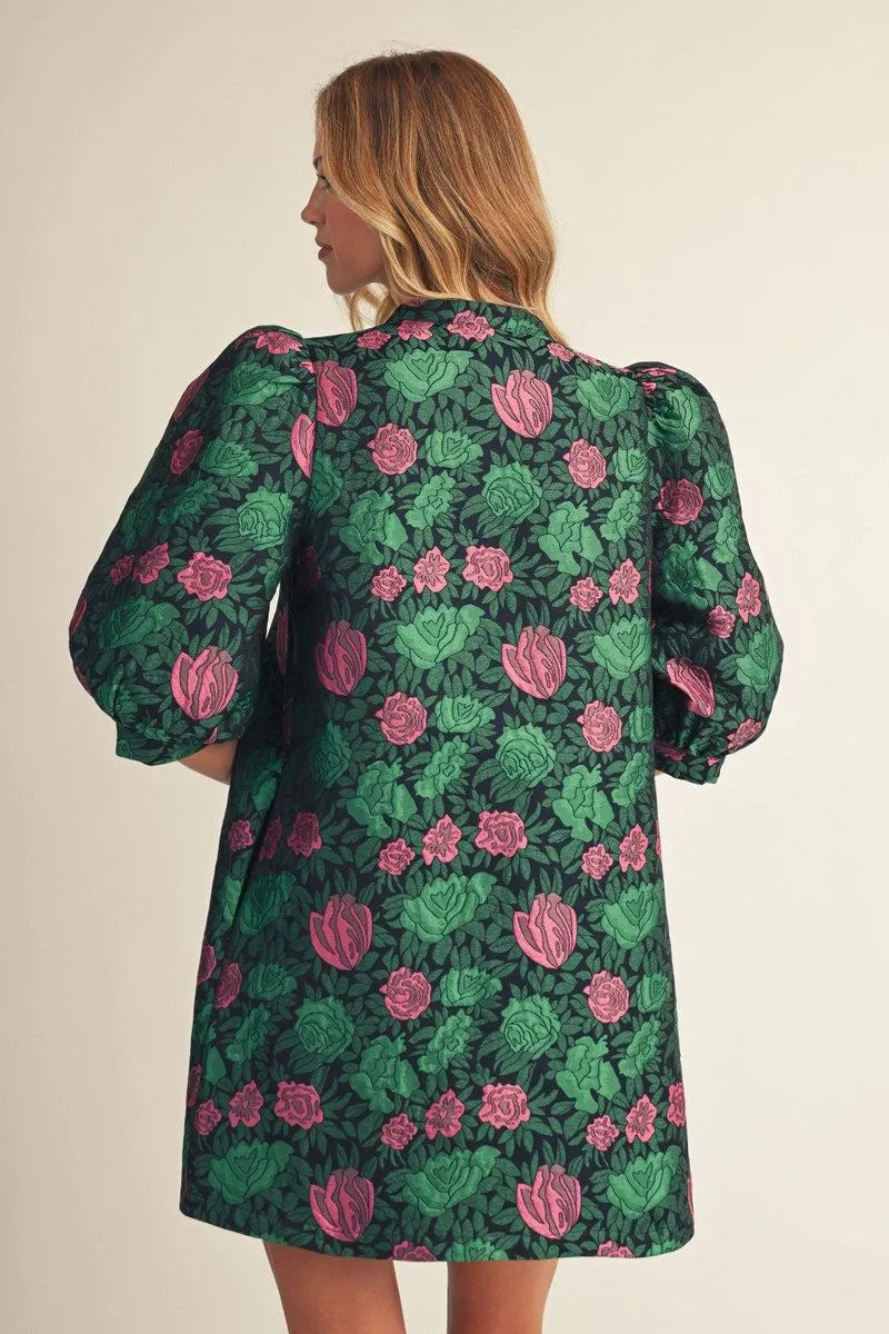 Jacquard Floral puff sleeve dress