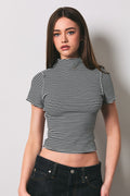 Mock neck stripe top- black
