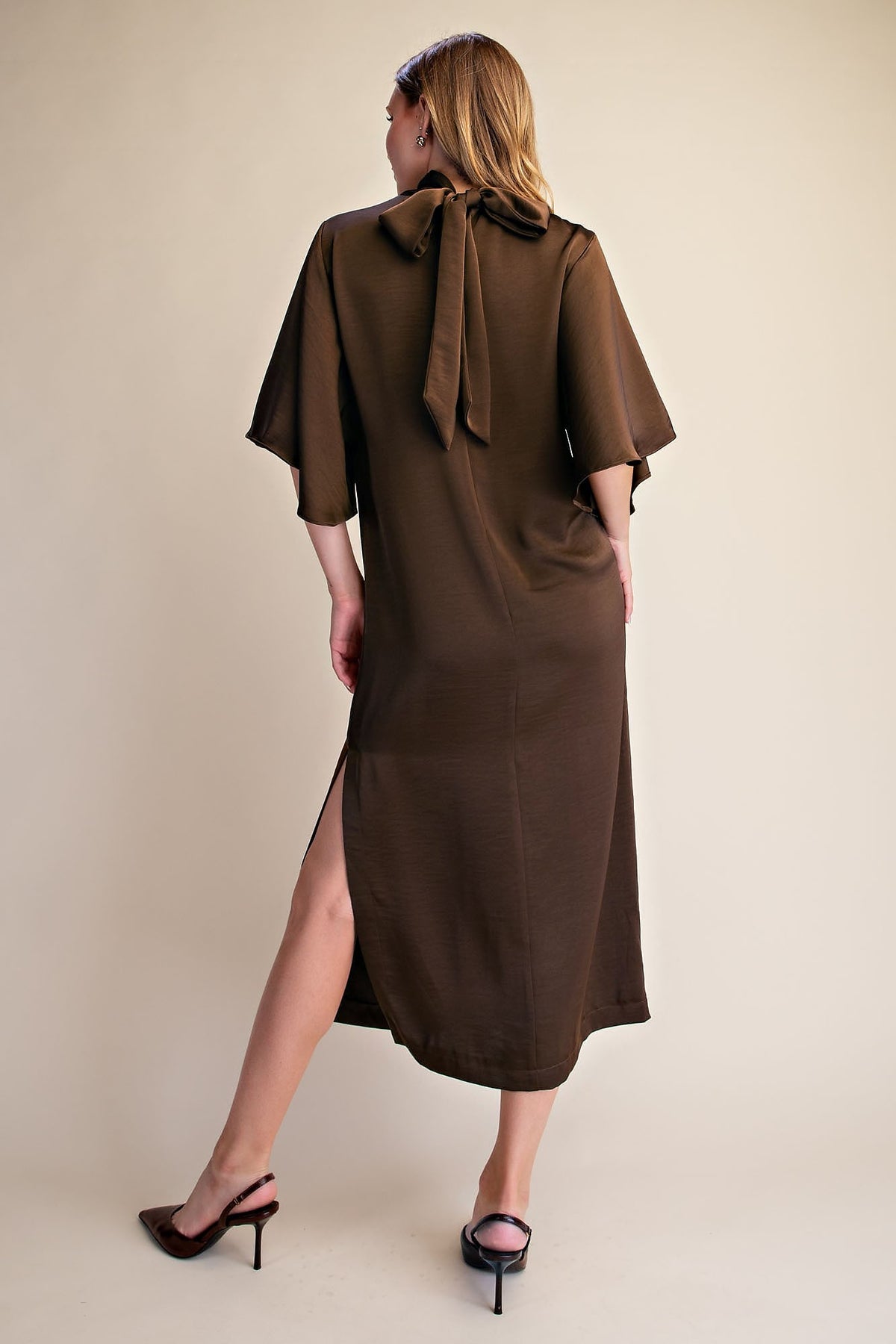 Flowy Satin Tie Back Midi Dress