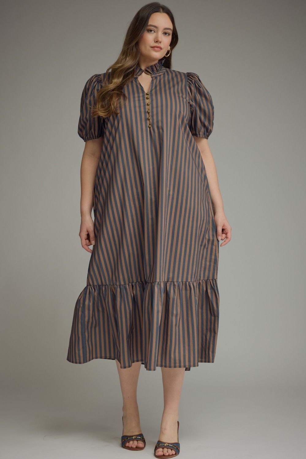 PLUS SIZE- Stripe Short Puff-Sleeve Midi Dress