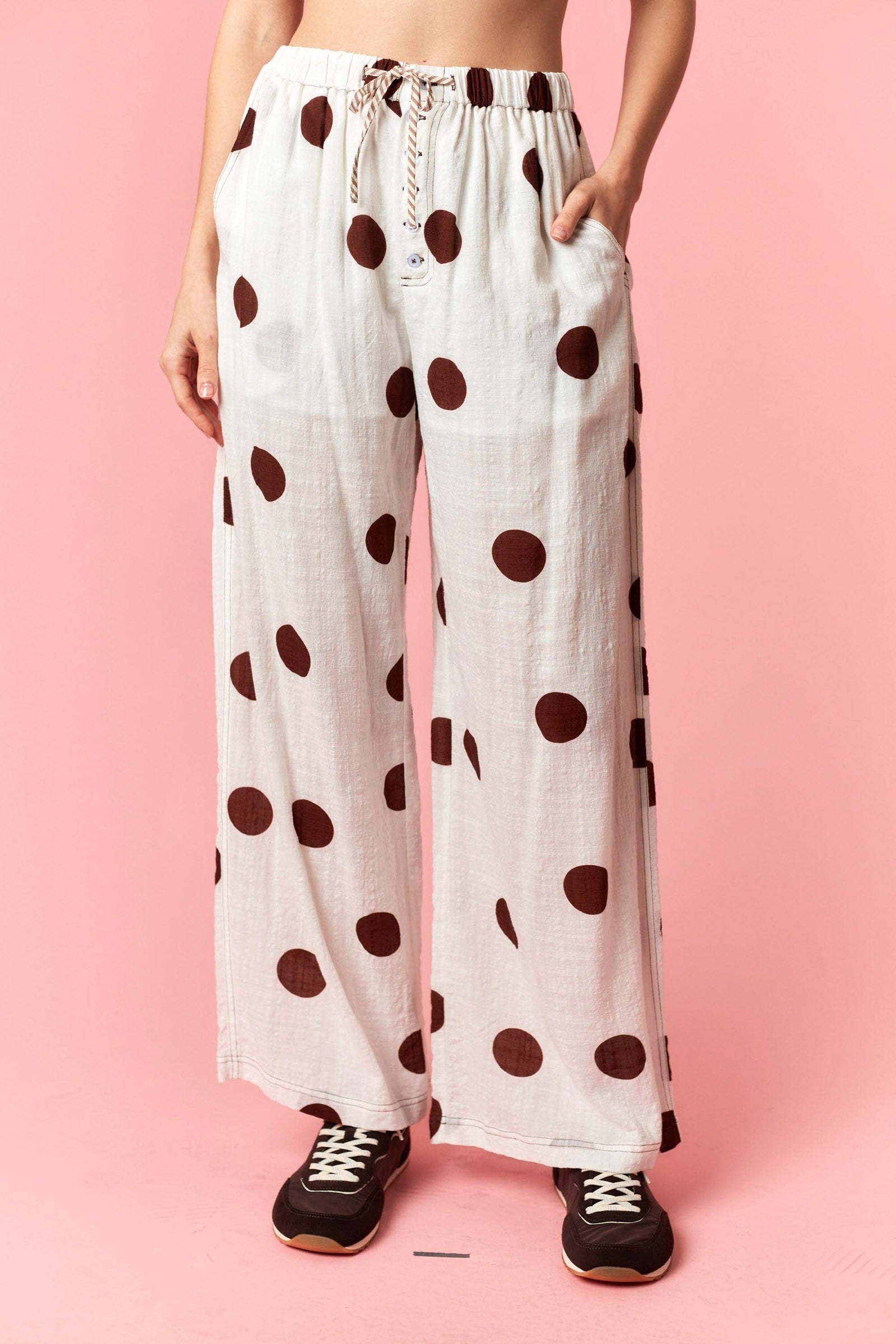 Polka Dot Printed Gauze Button Detail Lounge Pants