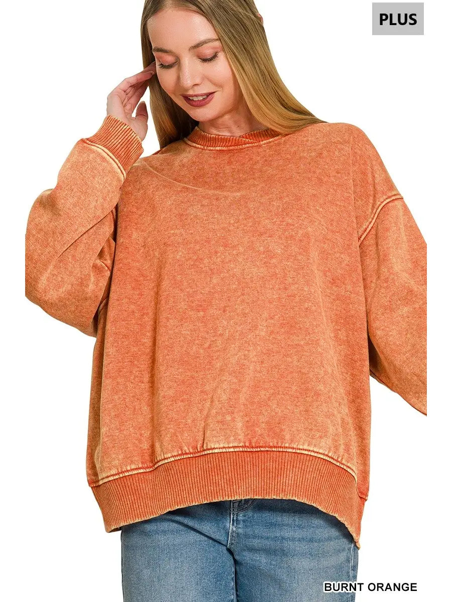 PLUS SIZE- Acid Washed Batwing Sleeve hi-low Fleece Sweatshirts