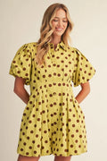 Short puff sleeves button down polka dot dress