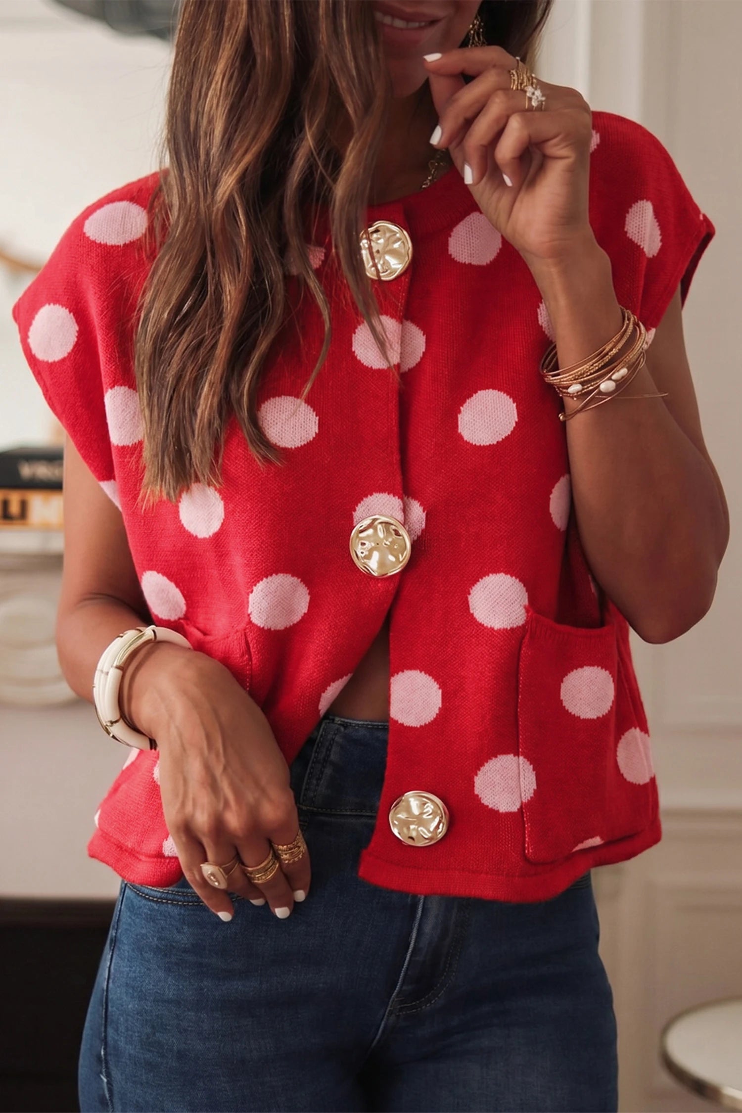 Polka Dot Sleeveless Knit Button Drop Shoulder Sweater Vest