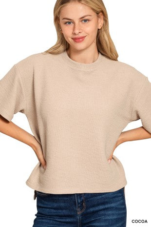 Plus double knit side slits hi low short sleeve top