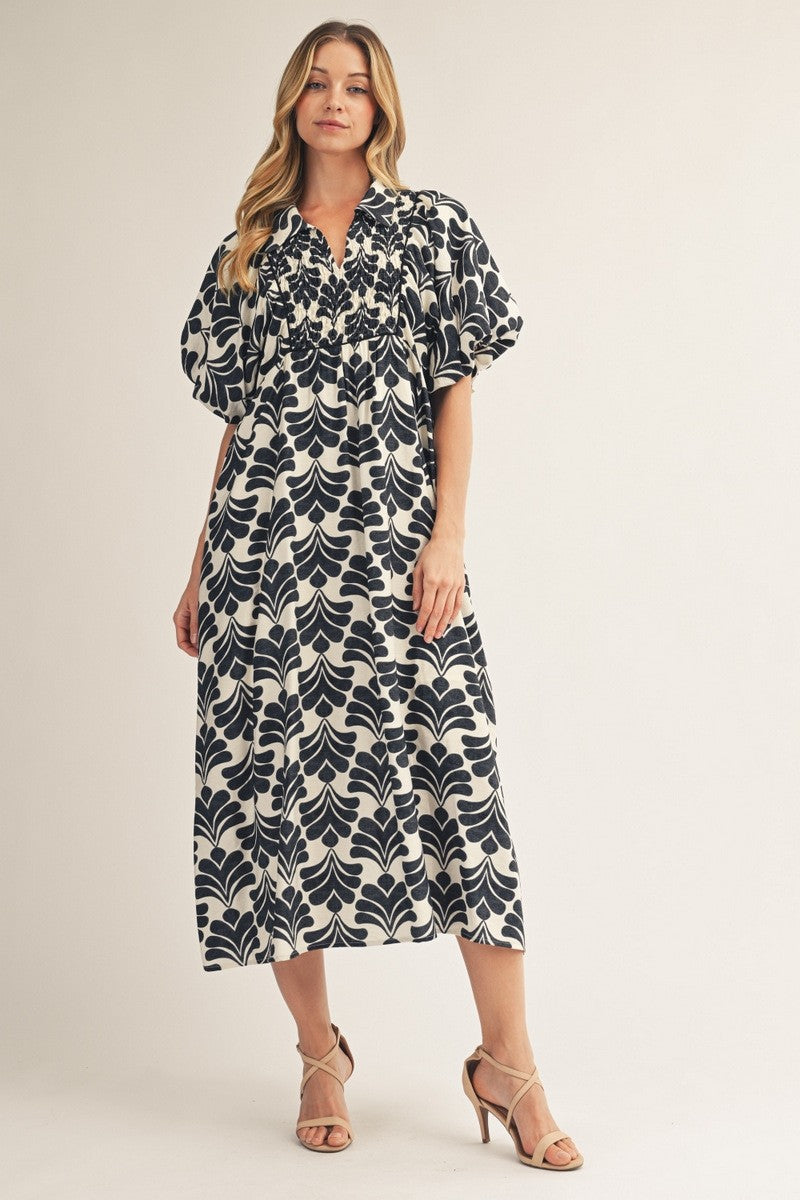 Puff Sleeves Boho Floral Midi Dress