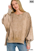 PLUS SIZE- Acid Washed Batwing Sleeve hi-low Fleece Sweatshirts