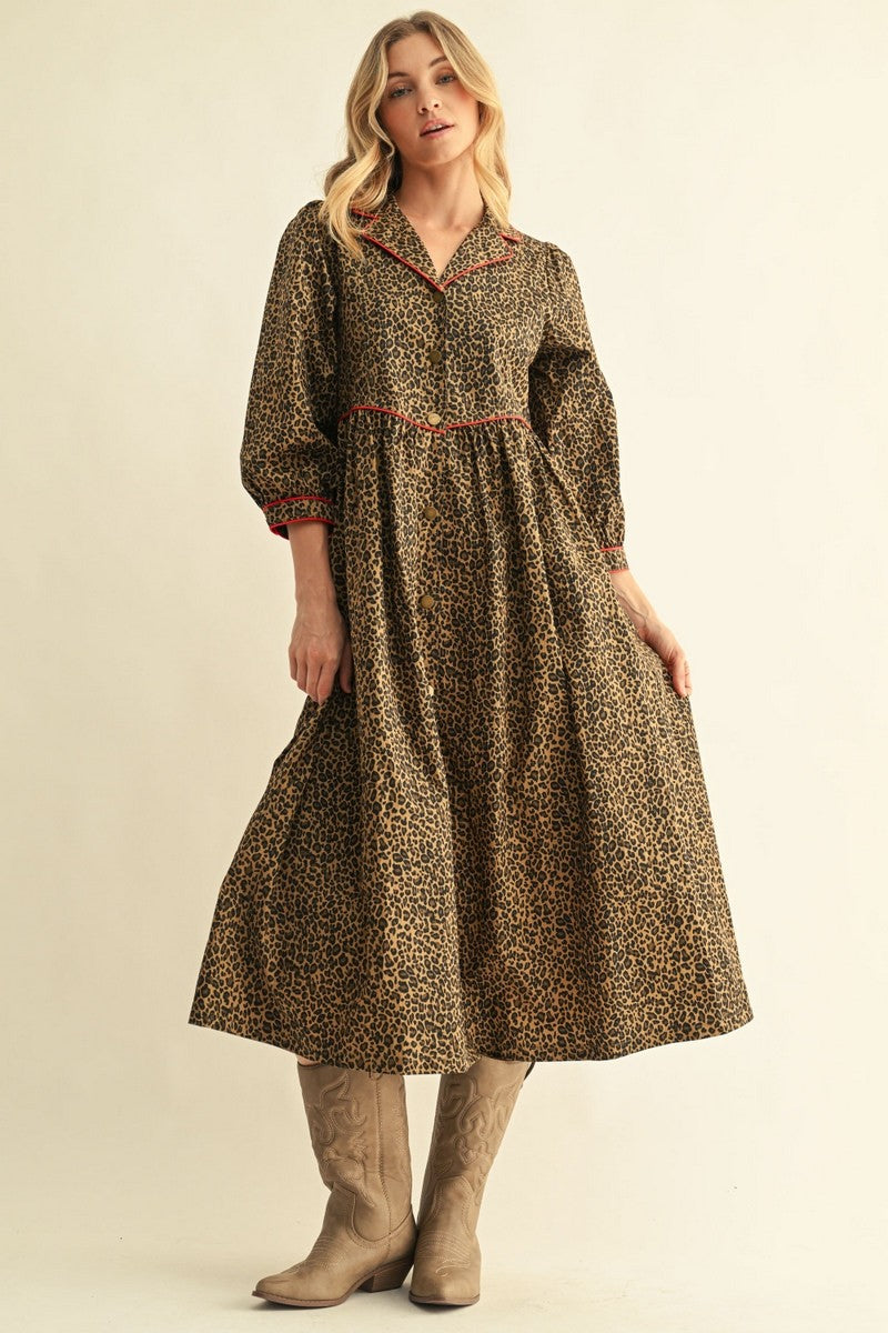 Button Down Leopard Midi Dress
