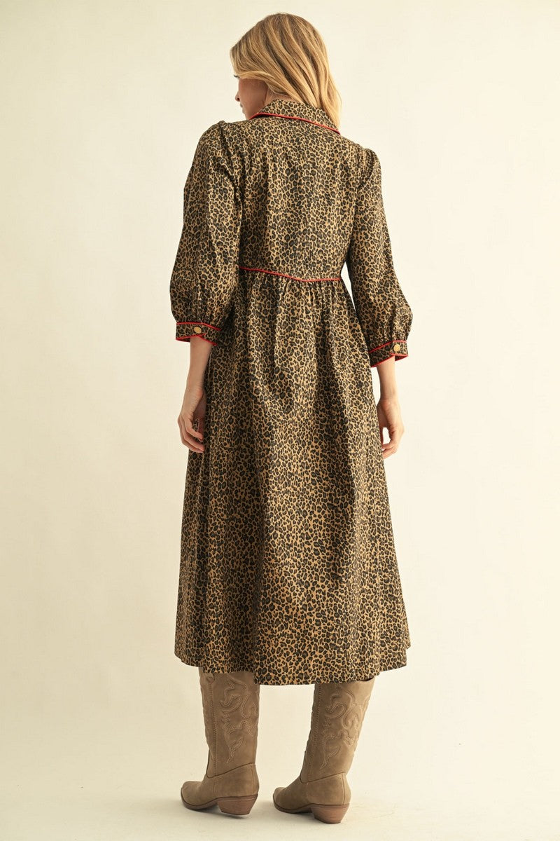 Button Down Leopard Midi Dress