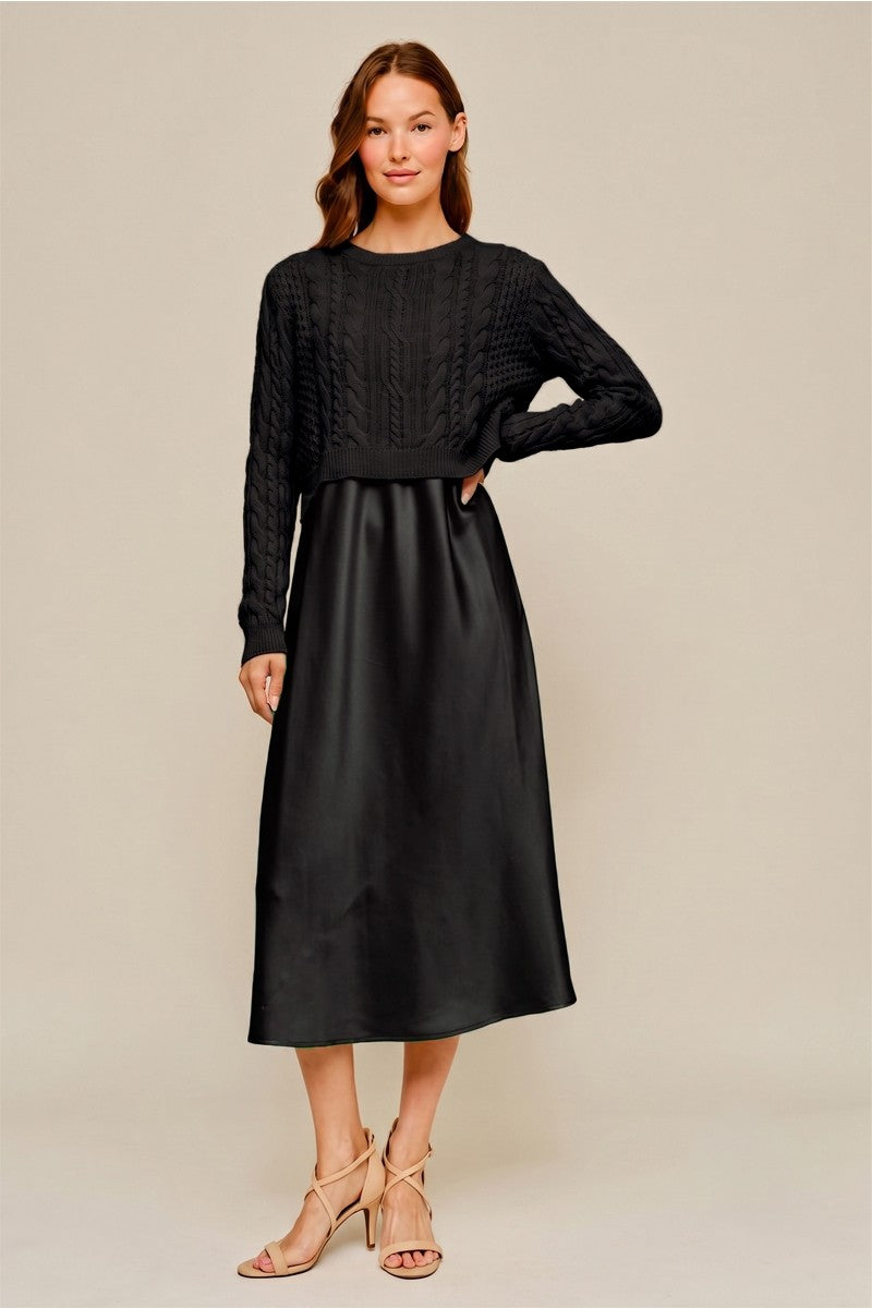 Satin Midi Dress & Cable Knit Sweater Sets