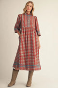 Geo floral midi dress with ruffled neckline