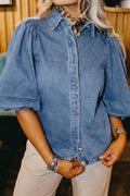 Frilled Short Sleeve Snap Button Denim Shirt