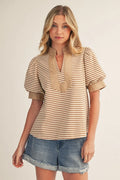 Short puff sleeves high neck stripe top with solid contrast - Taupe