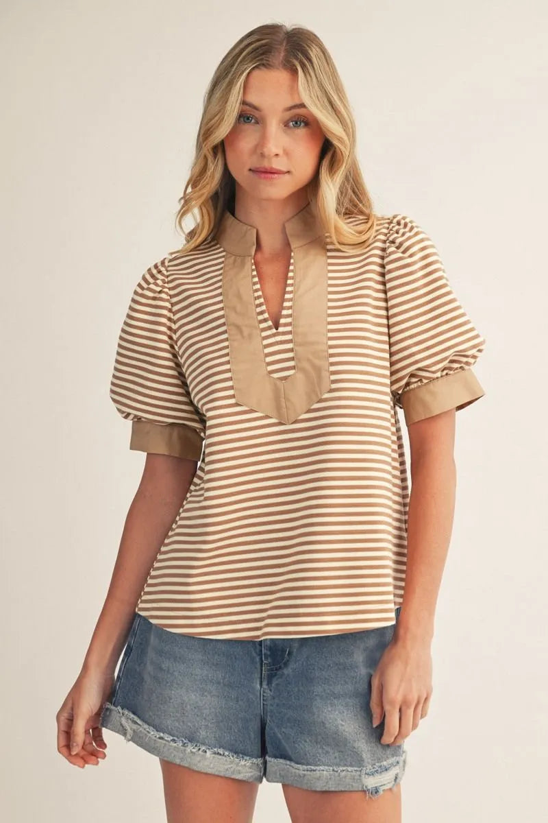 Short puff sleeves high neck stripe top with solid contrast - Taupe