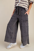 PLUS SIZE- BLACK MINERAL WASHED TERRY KNIT PANTS