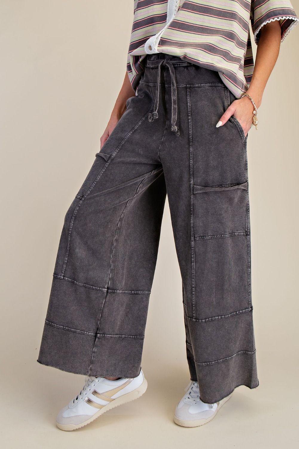 PLUS SIZE- BLACK MINERAL WASHED TERRY KNIT PANTS