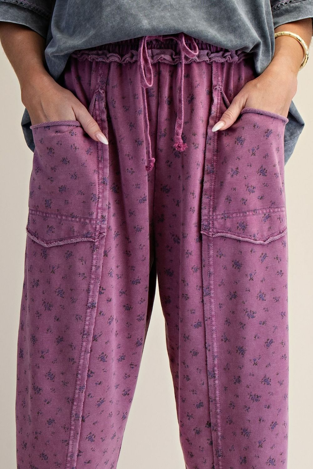 DITSY PRINTED WASHED TERRY PANTS- Magenta