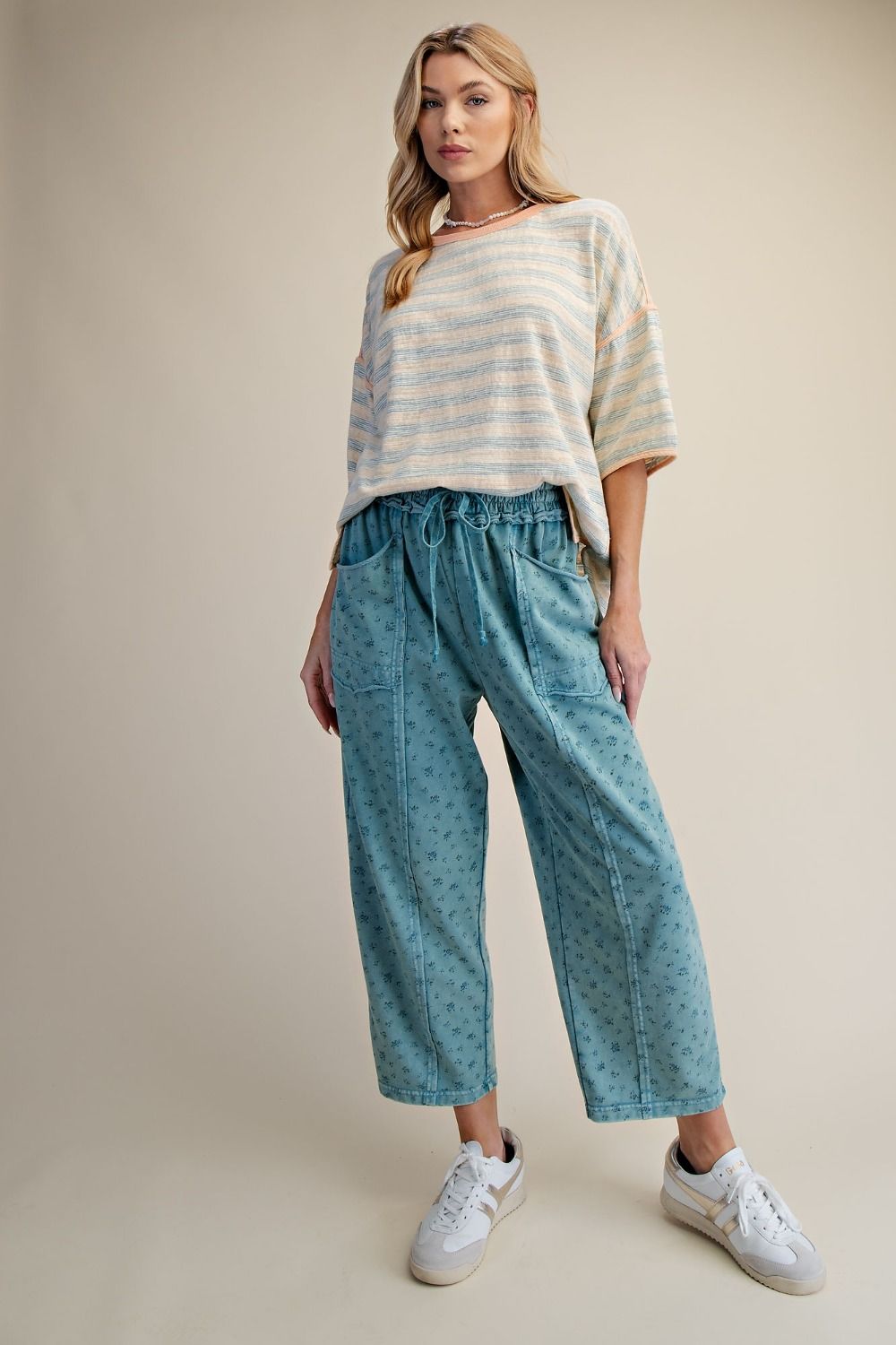 DITSY PRINTED WASHED TERRY PANTS TEAL