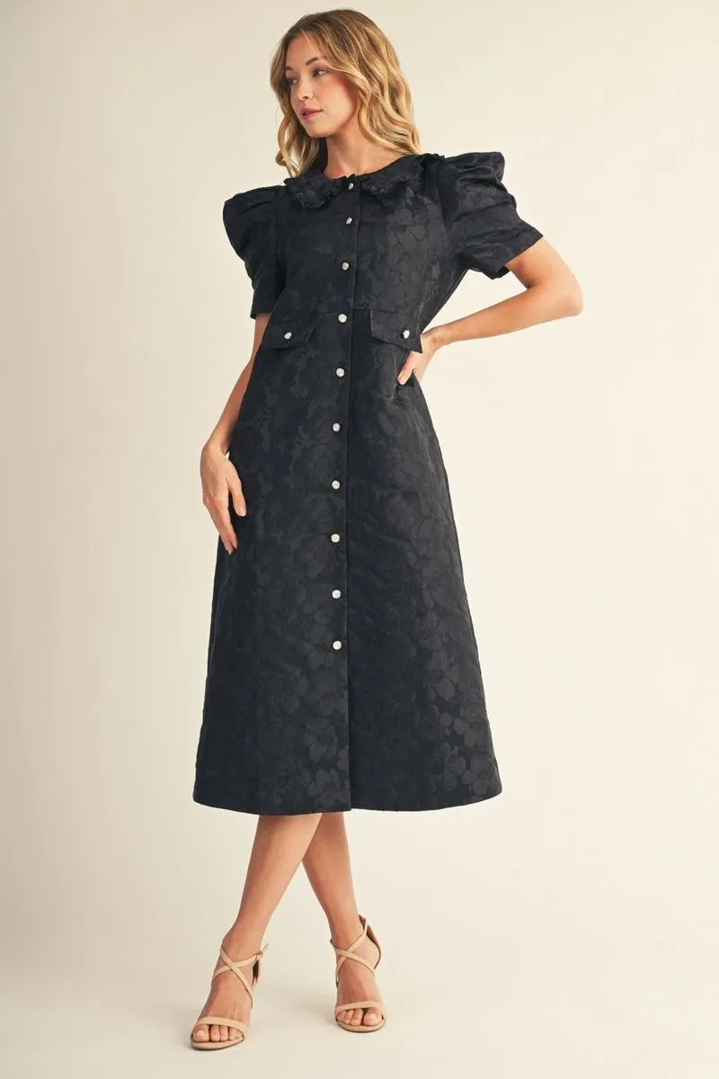 Puff shoulder short sleeves button down floral jacquard midi dress with side pockets