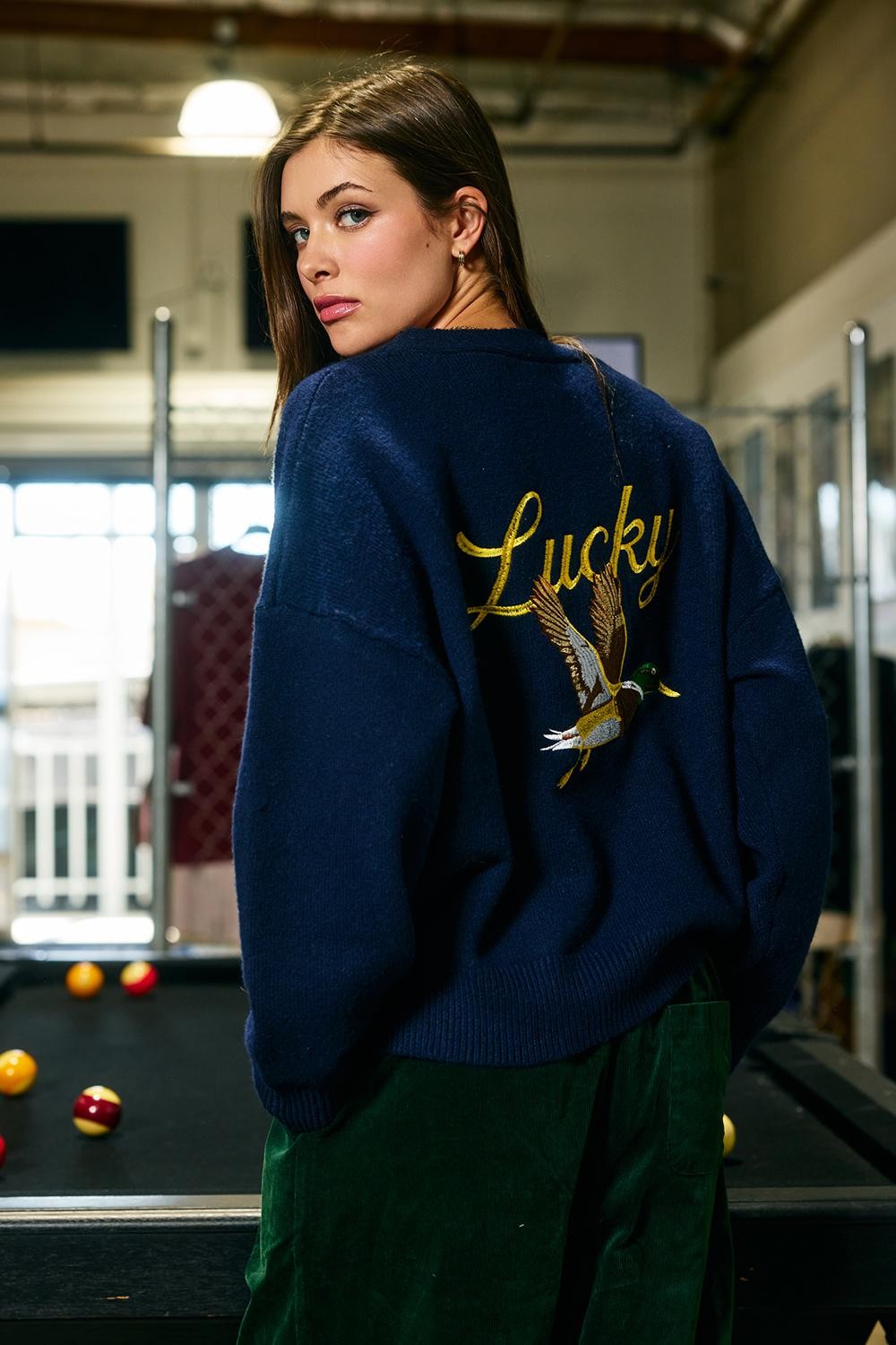 Embroidered "lucky Duck" V-neck Cardigan