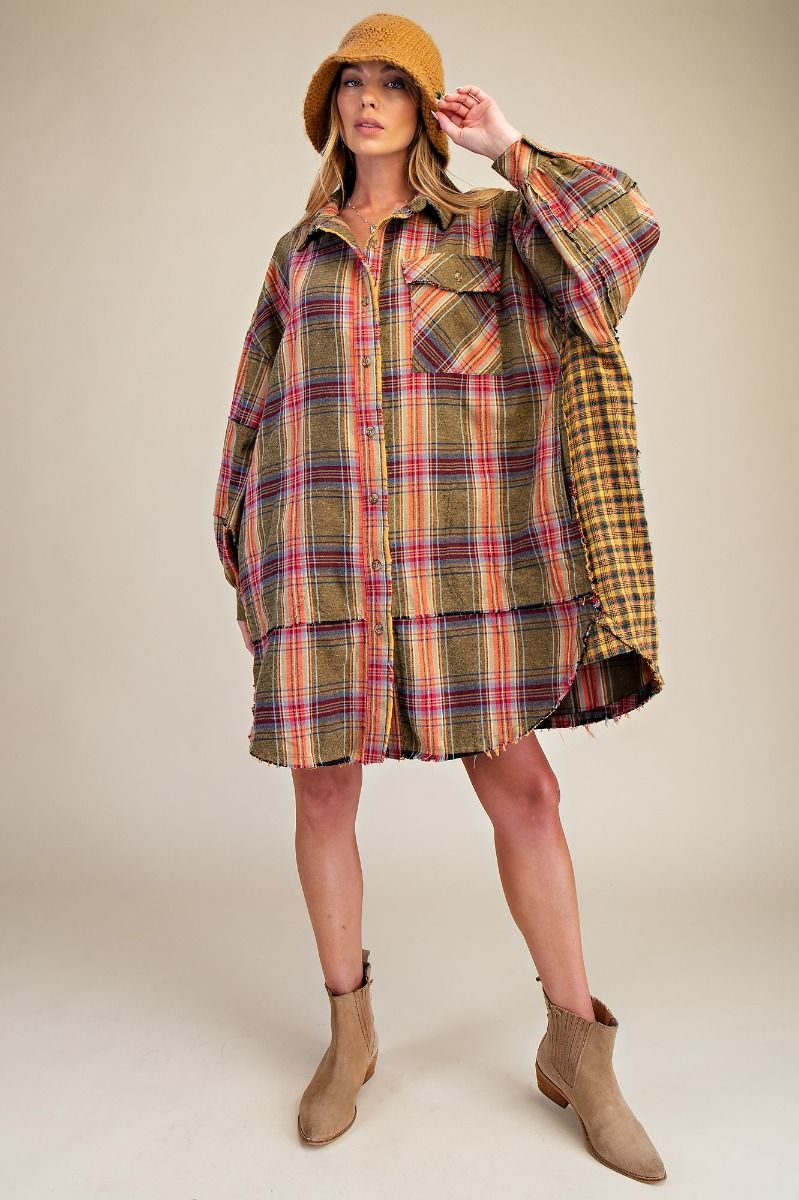 PLUS SIZE-WASHED PLAID FLANNEL TUNIC DRESS