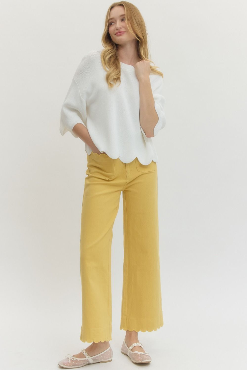 yellow- Solid high waist wide leg pants featuring scallop trim