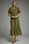 Eyelet short puff sleeve midi dress- olive