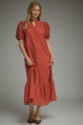 PLUS SIZE- Eyelet Short Puff Sleeve Midi Dress