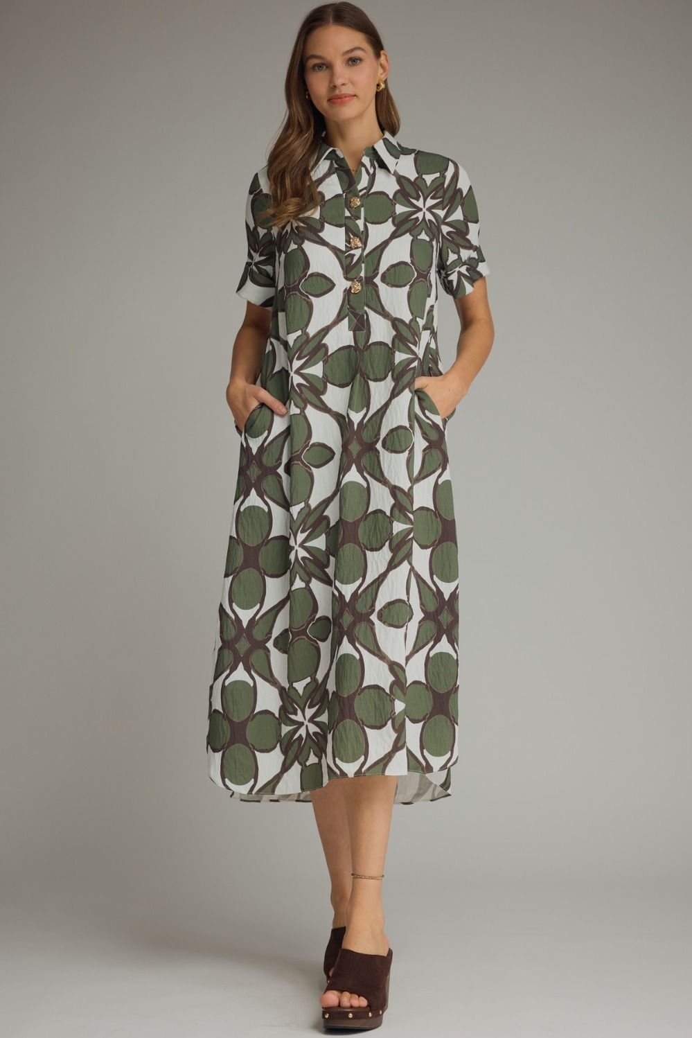 plus size Printed short sleeve midi shirt dress