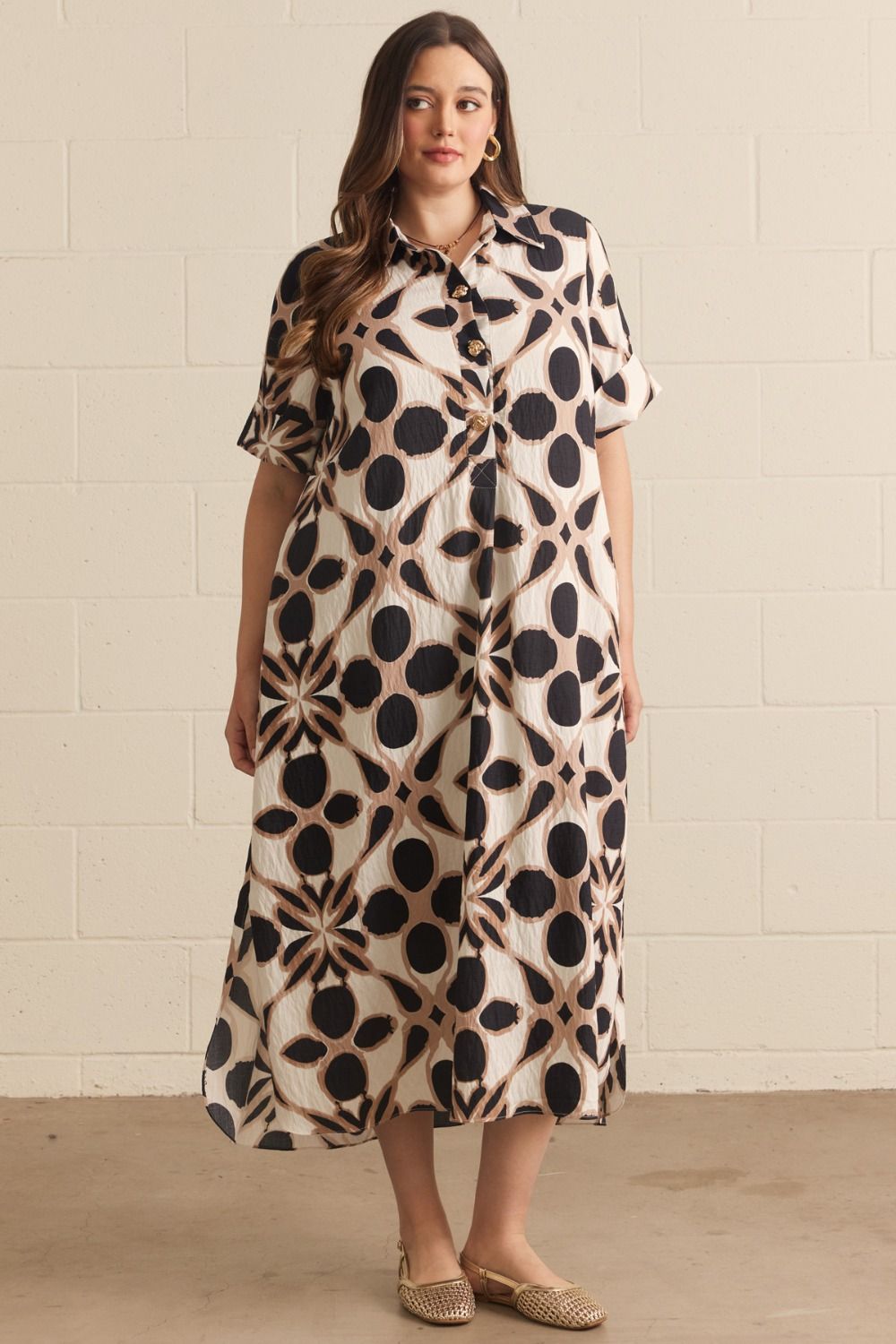 plus size Printed short sleeve midi shirt dress