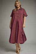 Wine - Solid short sleeve midi dress