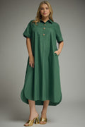 Green- Solid short sleeve midi dress