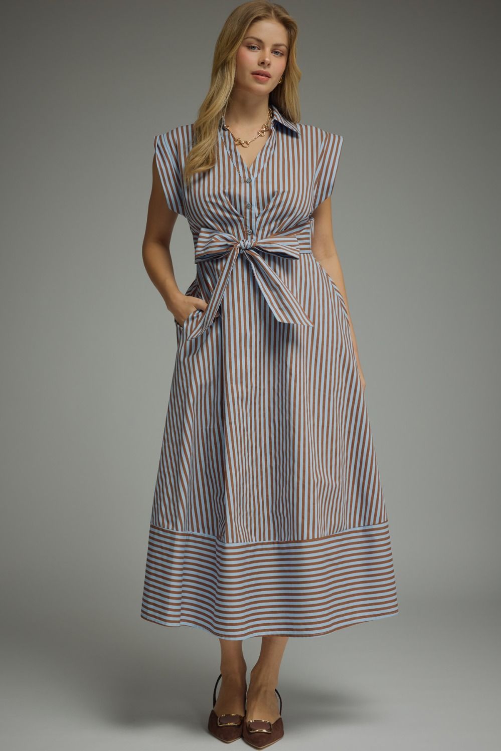 striped cap sleeve midi
