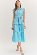 Solid Blue scallop trim sleeveless midi dress