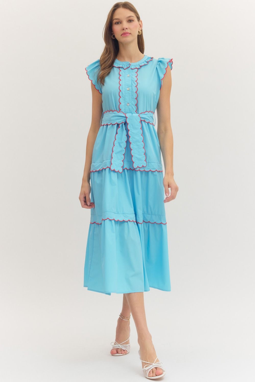 Solid Blue scallop trim sleeveless midi dress