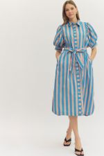 Striped Short Puff Sleeve Midi Dress