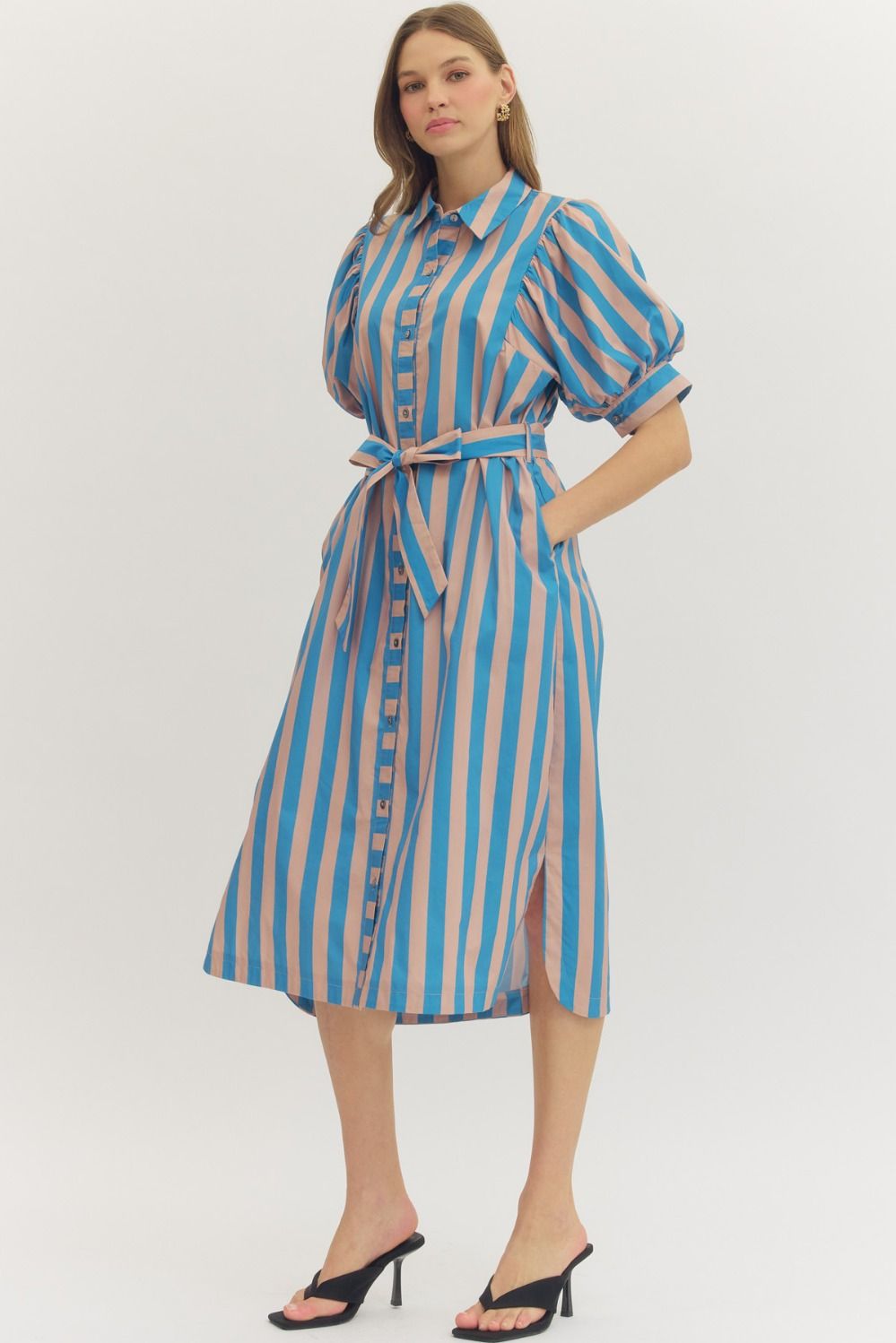 Striped Short Puff Sleeve Midi Dress