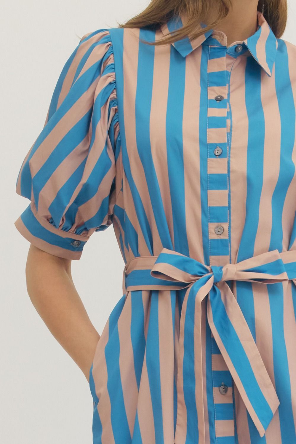Striped Short Puff Sleeve Midi Dress